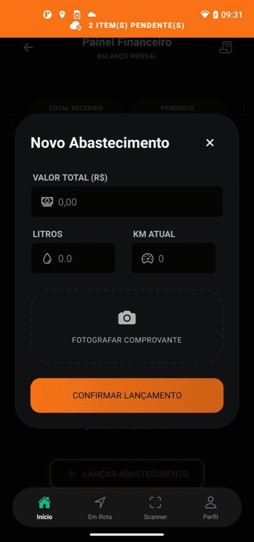 Tela Abastecimento do app Golf Fox