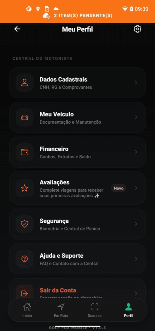 Central do Motorista no app Golf Fox