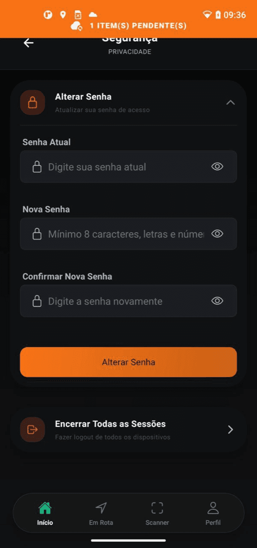 Tela Segurança do app Golf Fox