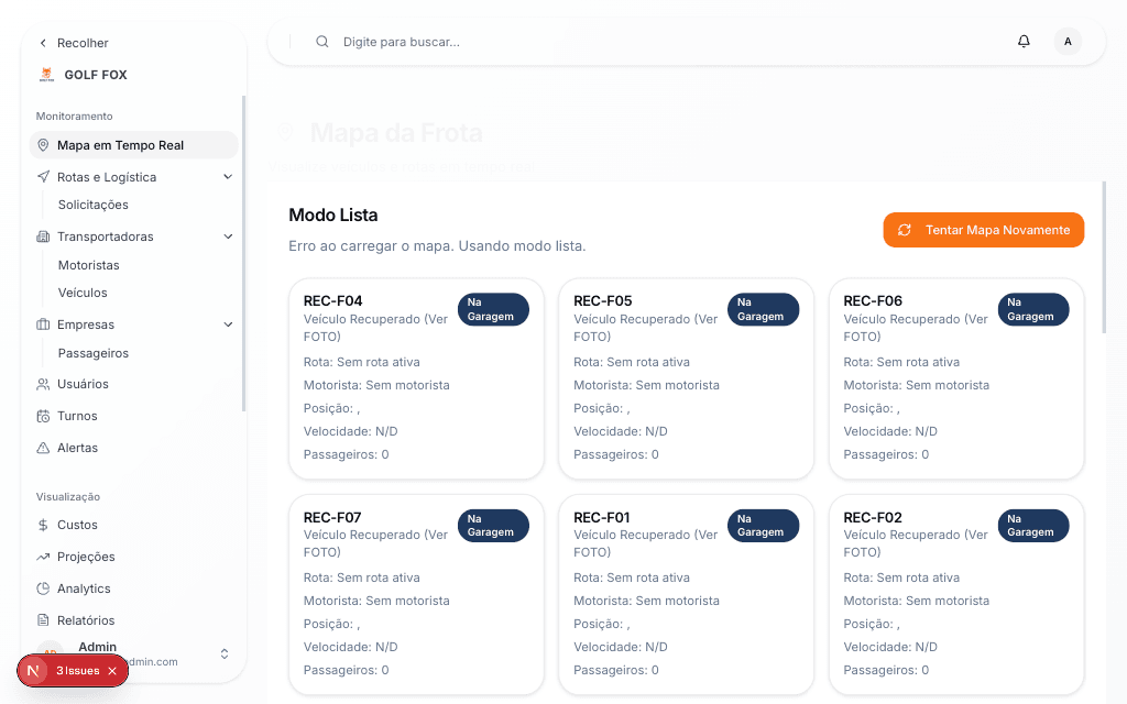 Interface de gestão de frota de veículos