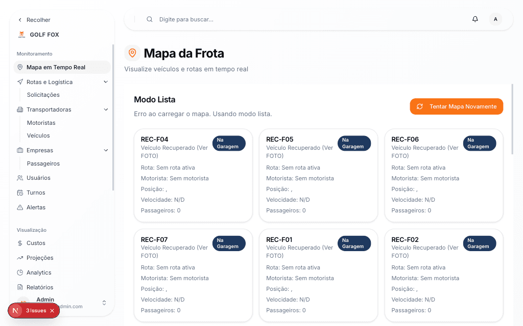 Mapa em tempo real com posições de veículos