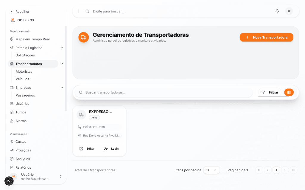 Interface de gestão de motoristas