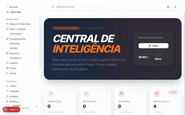 Painel da Golf Fox monitorando rotas e veículos das transportadoras em tempo real
